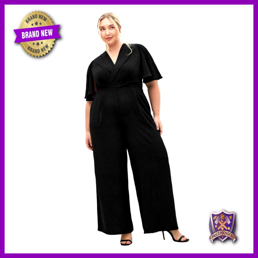 Plus Size Jumpsuit V Neck Flutter Sleeves Side Pockets Back Zip